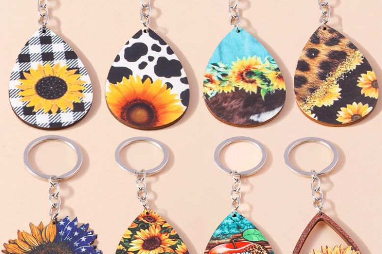 Colorful water drop shape wood sunflower keychain (1)