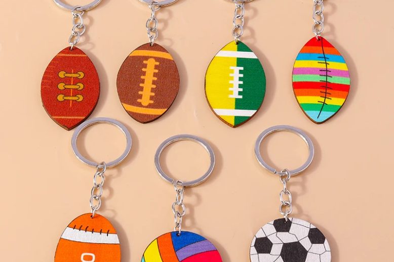 Colorful wooden rugby keychain football keyring (1)