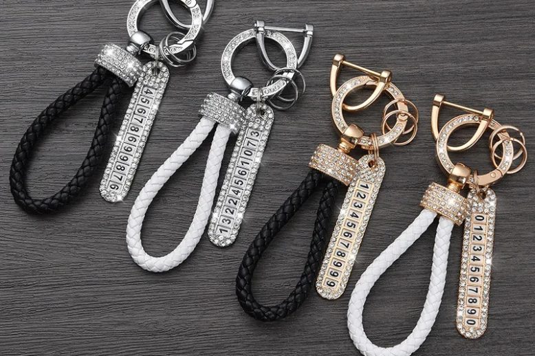 Luxury crystal leather anti lost number tag keychain (1)