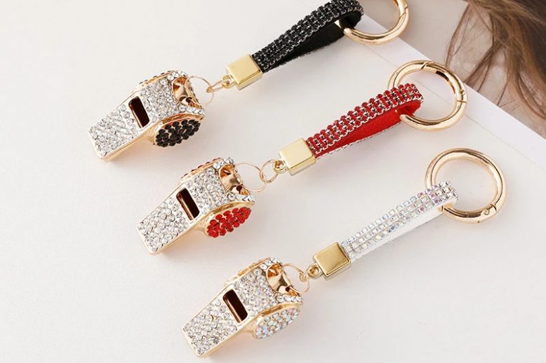 Ornament whistle keyring rhinestone metal keychain (1)
